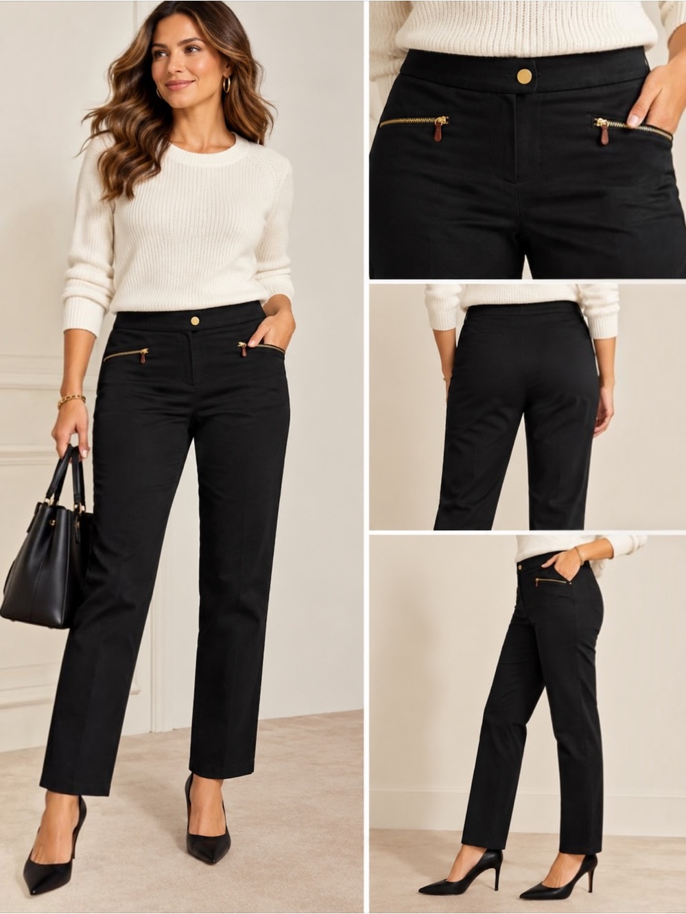 Talbots Signature Black Stretch Straight Leg Pants Size 10 Zip Pockets Cotton